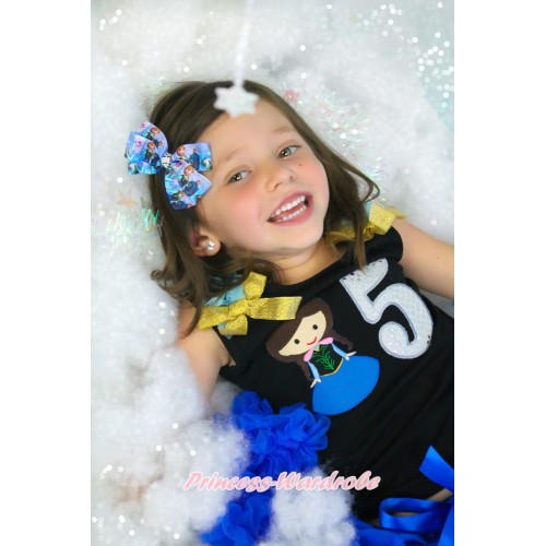 Black Tank Top With Light Blue Ruffles & Sparkle Goldenrod Bow With Princess Anna & 5th Sparkle White Birthday Number Print TB798